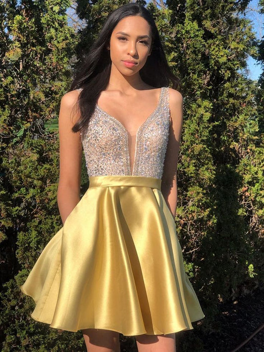 A Line V Neck Short Yellow Beaded Prom Dresses, Short Yellow Beaded Formal Homecoming Dresses      S3088