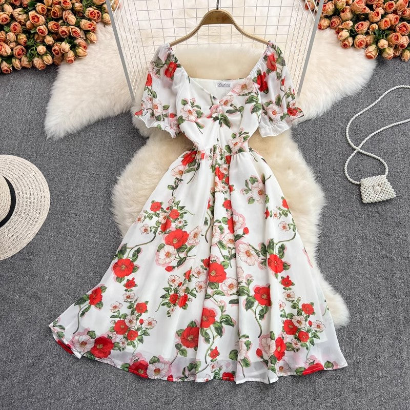 mid-length V-neck floral chiffon dress     S4430