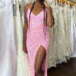 Mermaid V Neck Straps Sequins Pleated Long Prom Dress with Slit      S3828