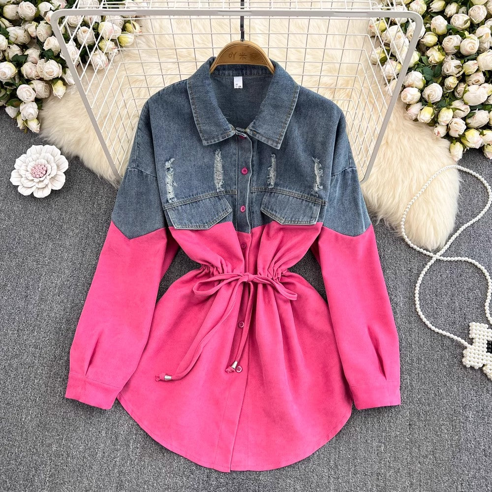 Denim shirt for women new design mid-length top long-sleeved shirt jacket      S4144