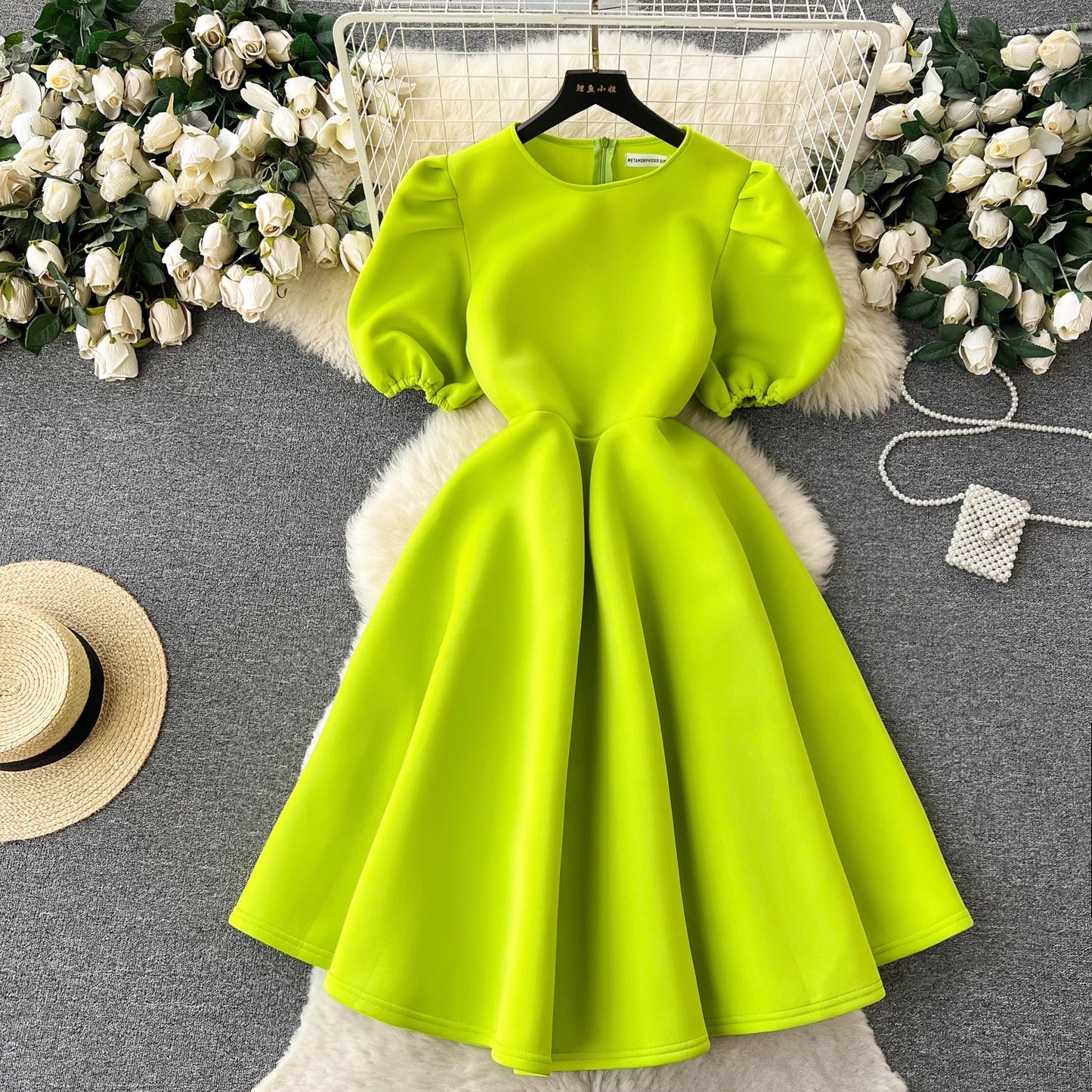 round neck puff sleeve dress for women summer puffy dress      S4603