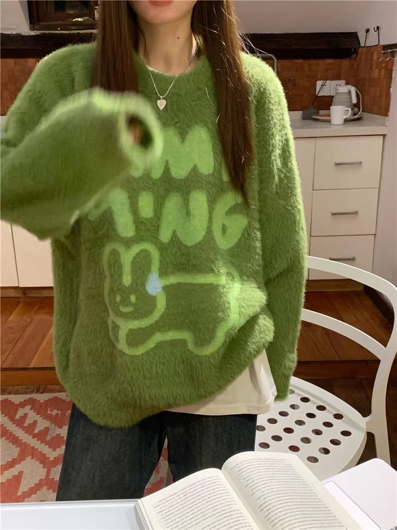 Sweet and cute rabbit cartoon soft round neck sweater knitted top   S4724