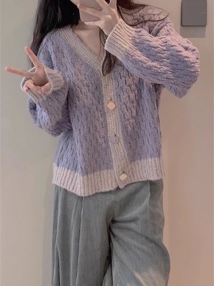 Taro purple v-neck sweater jacket for women Korean style knitted cardigan    S3384