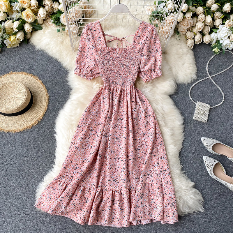 Sweet French Square Neck Short Sleeve Pleated Floral Chiffon Dress       S4467