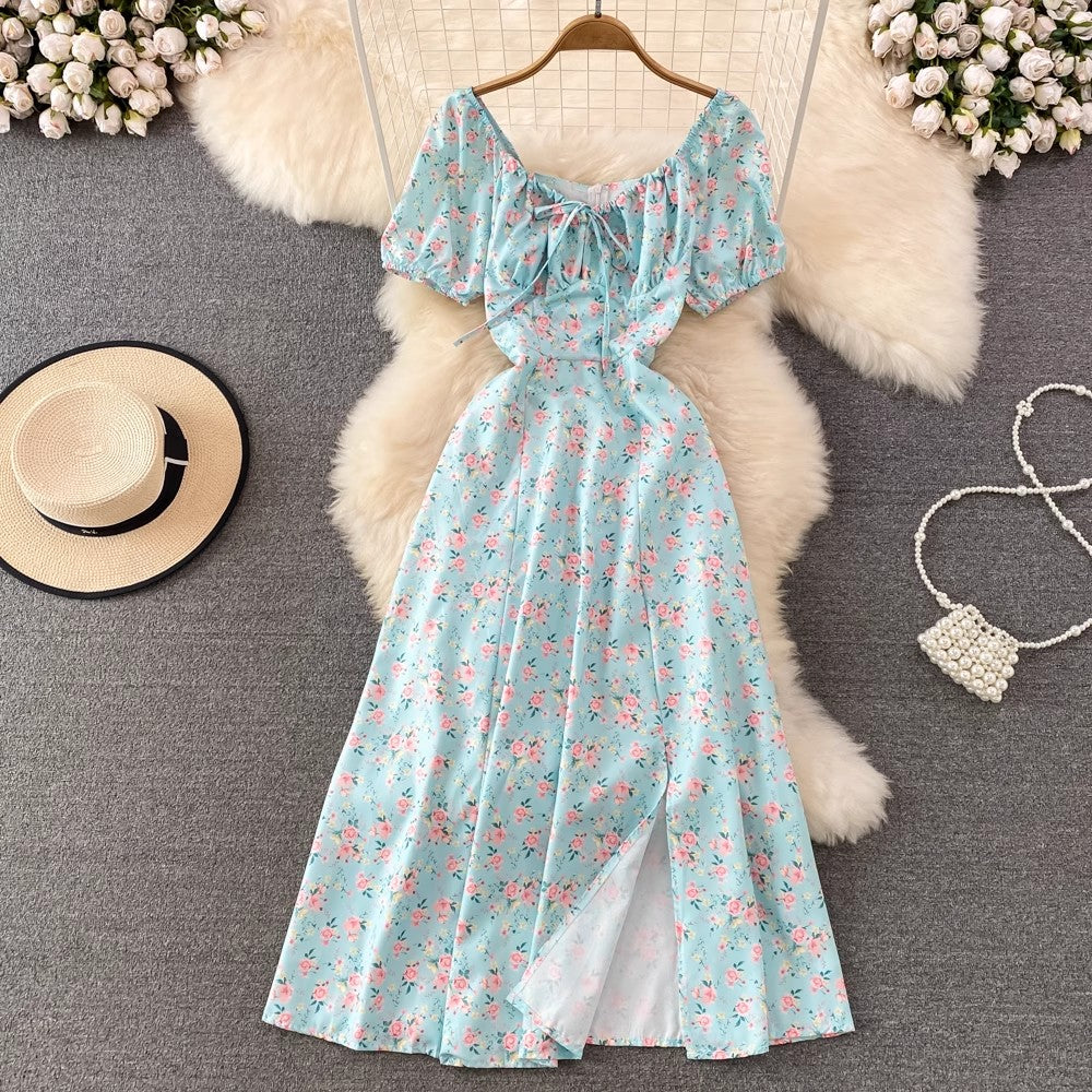 floral puff sleeves lace-up sexy dress women's long dress     S3971