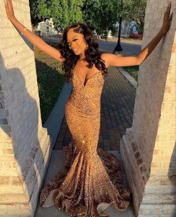 Gold Mermaid Prom Dresses,Strapless Sequin Long Dress       S3749