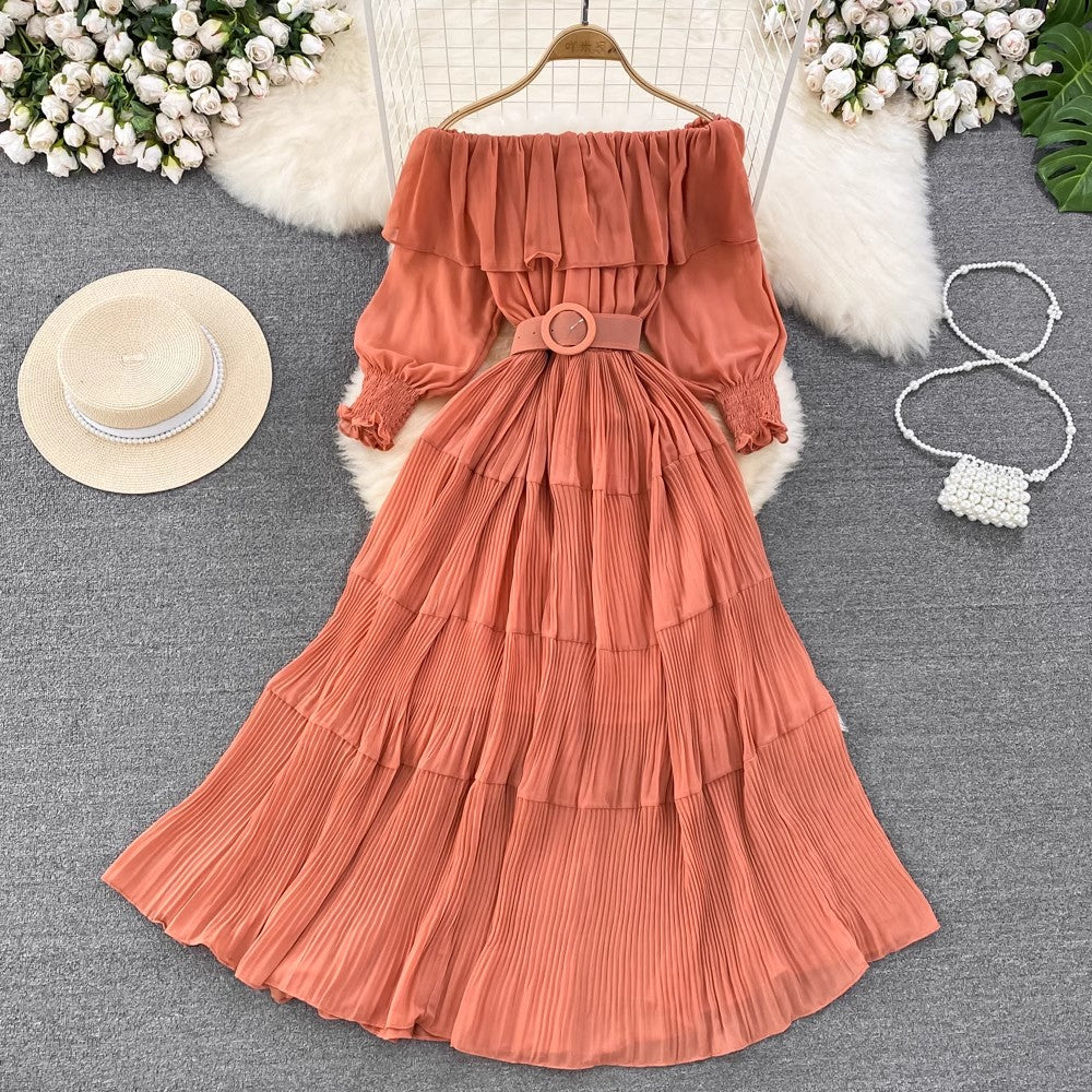 off-shoulder ruffled A-line pleated dress elegant long skirt    S4426