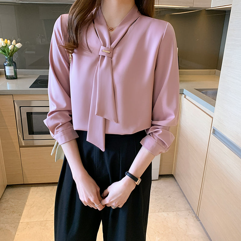 Long Sleeve White Blouse V-neck Women Tops Blouse    S2830