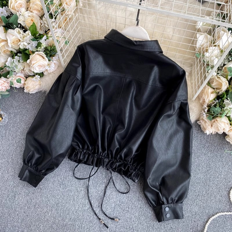 leather jacket women's retro big pocket short jacket     S4567