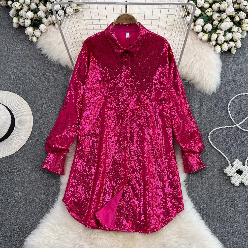 shiny sequined long-sleeved mid-length shirt dress fashionable a-line dress for women    S4207