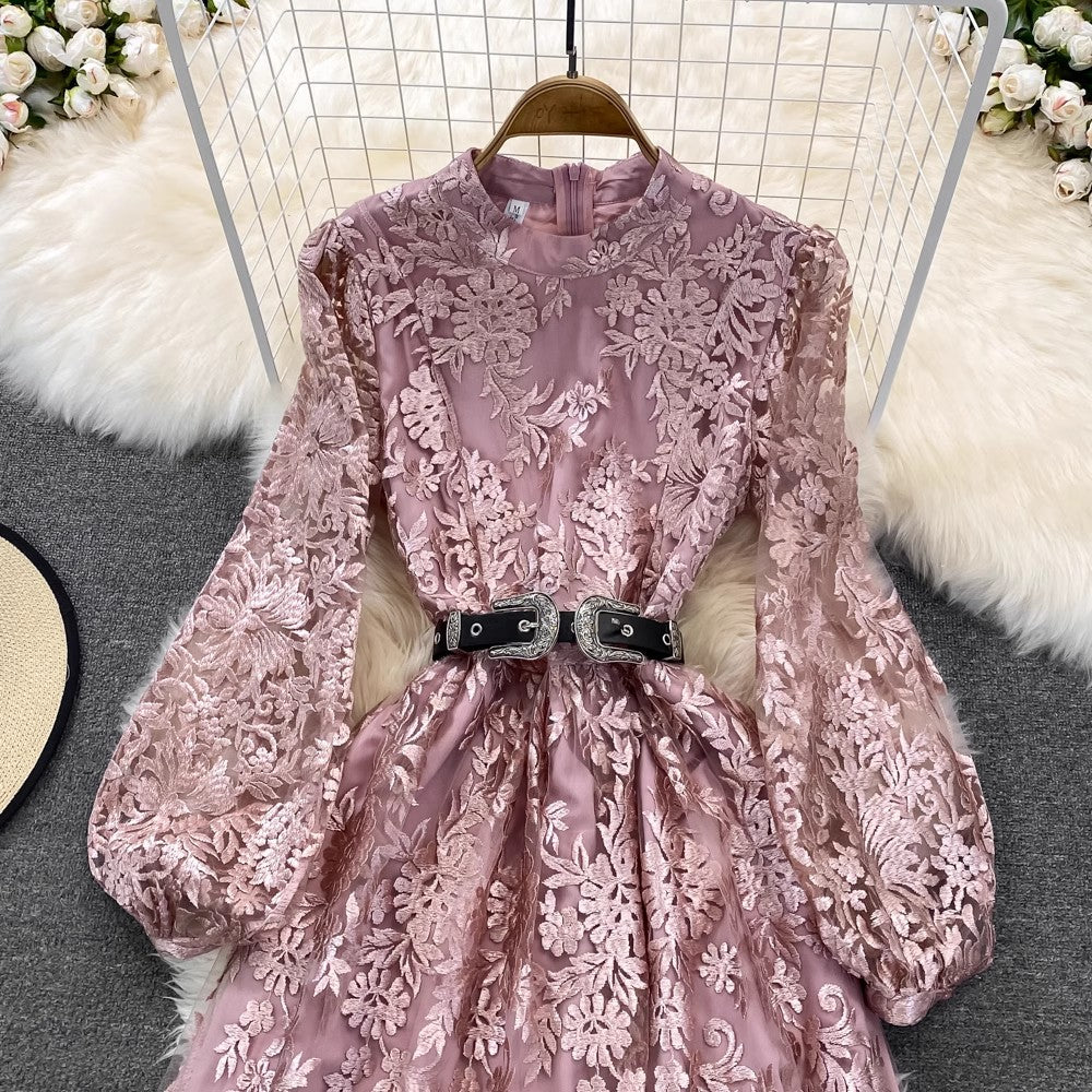 lantern long sleeves lace A-line long skirt embroidery dress        S4181