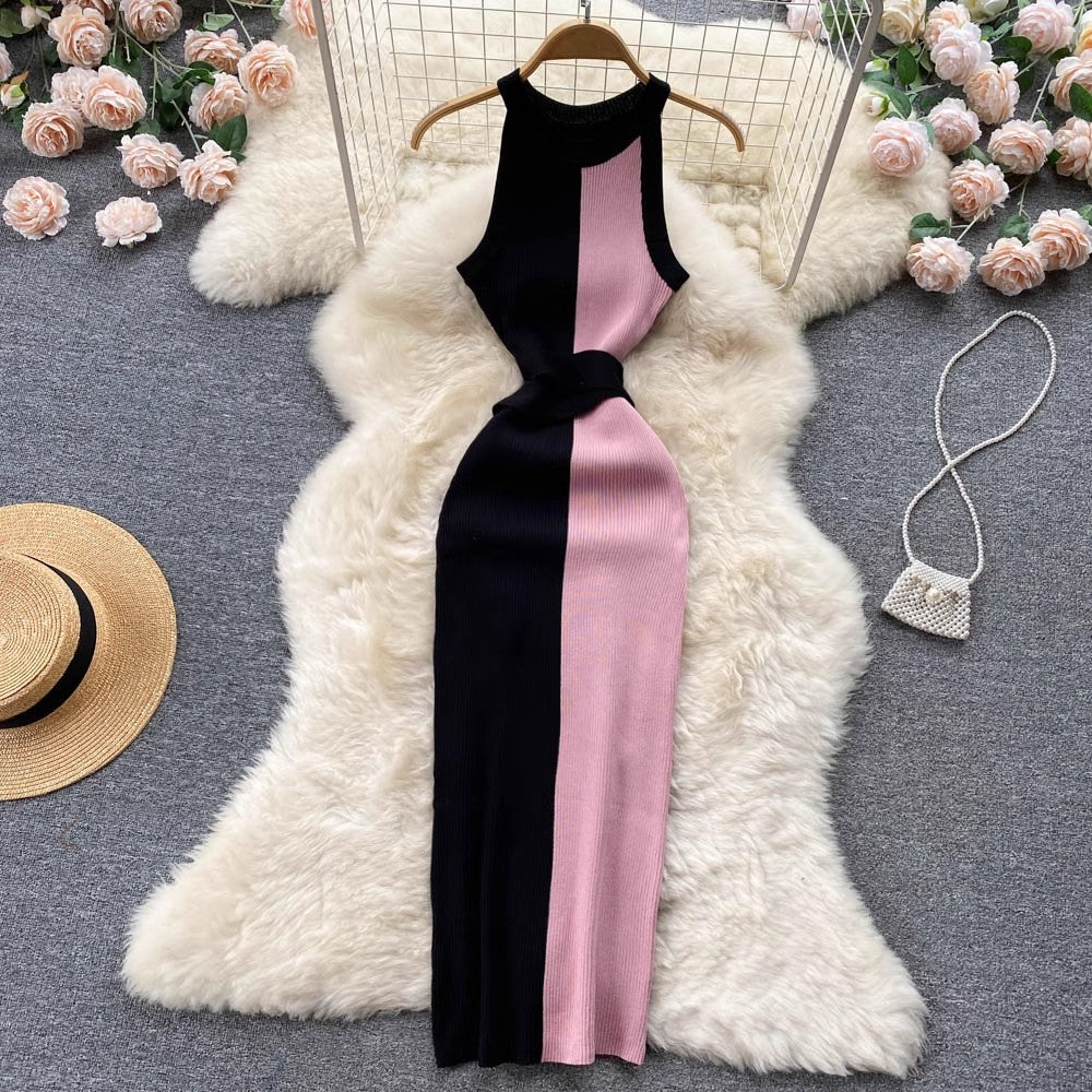 Long Round Neck Sleeveless Dress Tight Knitted Skirt     S4599