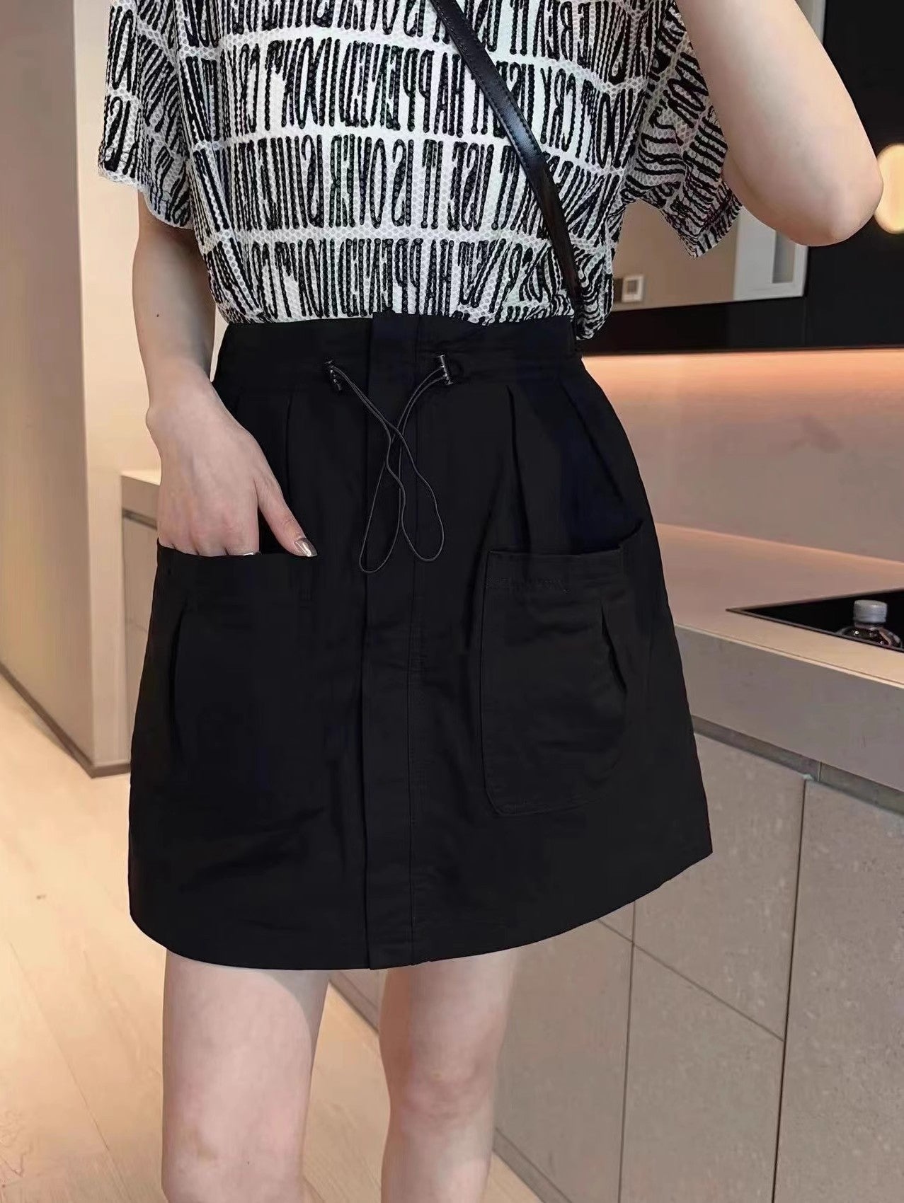 Women's Summer New Drawstring Elastic High Waist Big Pocket Skirt     S3414