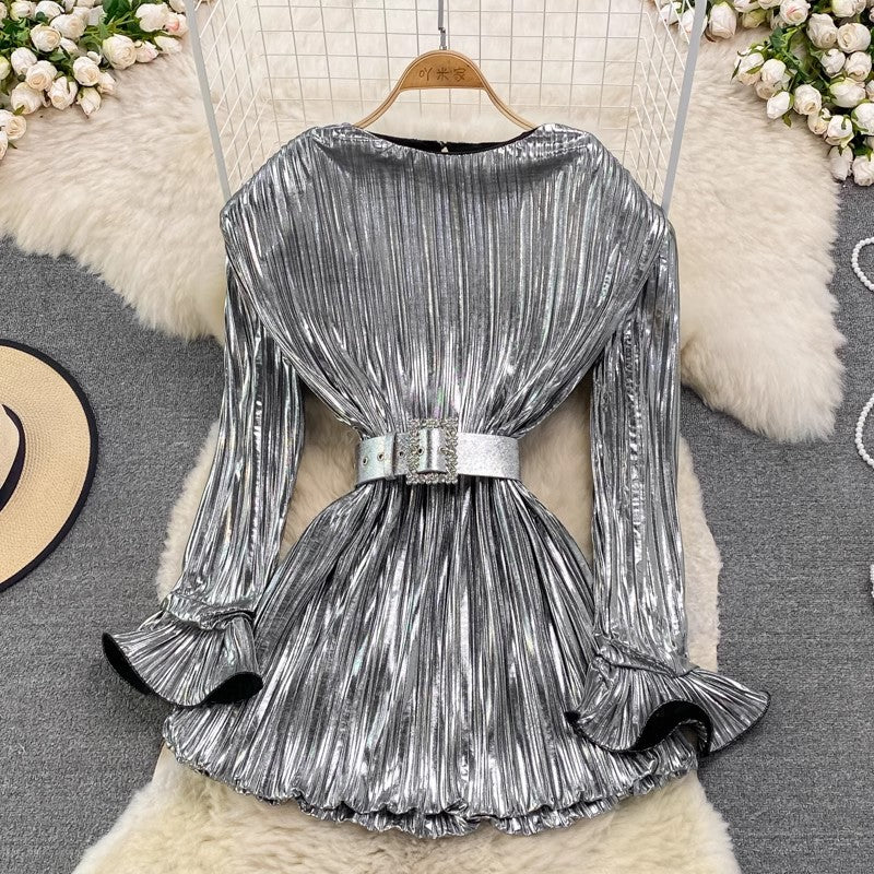 Designed round neck pleated dress new fashion metallic long-sleeved dress       S4194