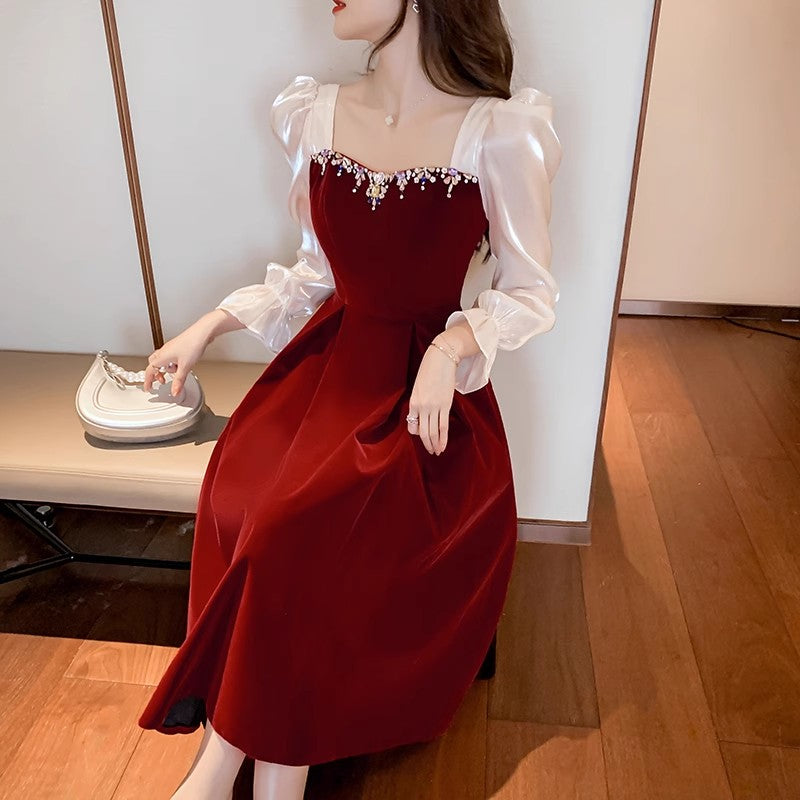 party burgundy long dress for women, evening dress for party    S3453