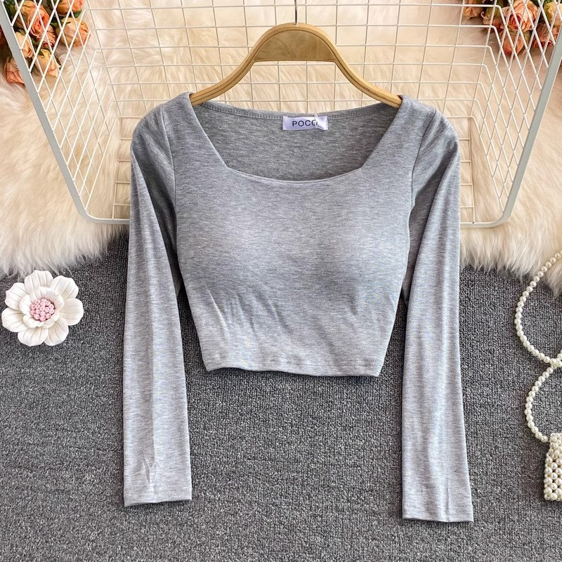 square collar t-shirt with chest pad for women short shirt top long sleeves      S3986