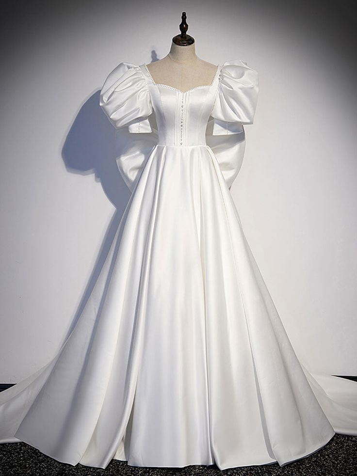 white satin long prom dress, white long evening dress     S2683