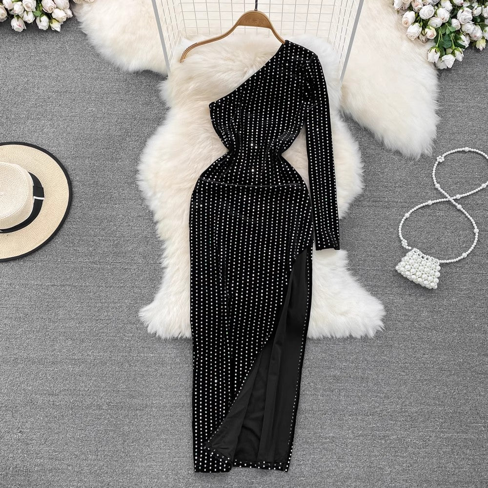 sexy off-shoulder velvet high slit hip-covering dress     S3918