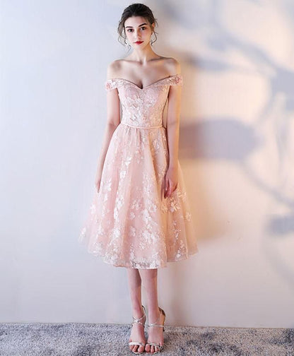 Pink lace off shoulder short prom dress,lace evening dress     S3332