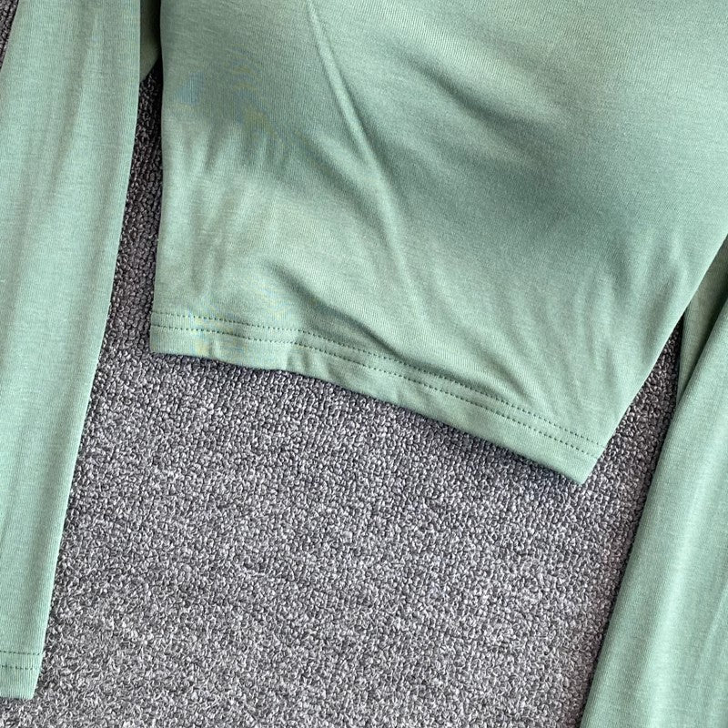 square collar t-shirt with chest pad for women short shirt top long sleeves      S3986