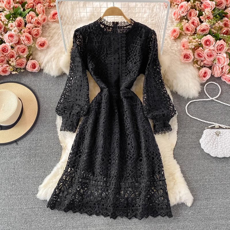 New style round neck puff sleeve lace dress     S3887