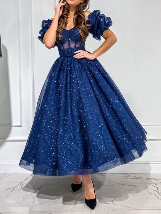 Dark blue tulle tea length prom dress, blue formal dress      S3271