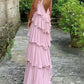 A Line Straps Tiered Chiffon Floor Length Long Prom Dress Pink Formal Evening Dresses      S2761