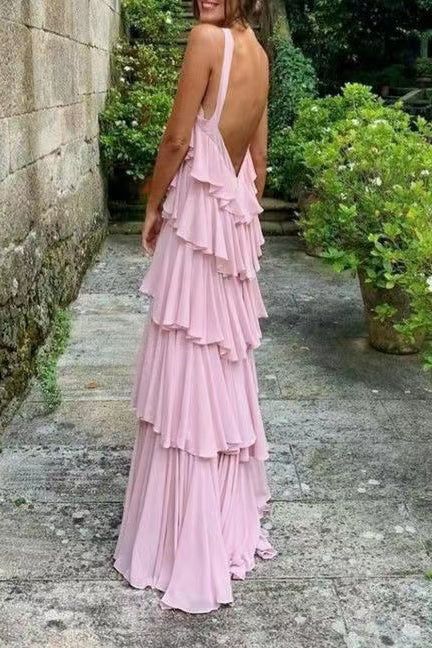 A Line Straps Tiered Chiffon Floor Length Long Prom Dress Pink Formal Evening Dresses      S2761