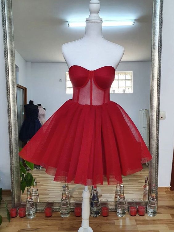 Sweetheart Neck Short Red Prom Dresses, Short Red Formal Graduation Homecoming Dresses     S3169