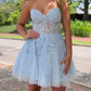 Blue A-line Lace Short Prom Dress, Blue Cute Homecoming Dress     S2935