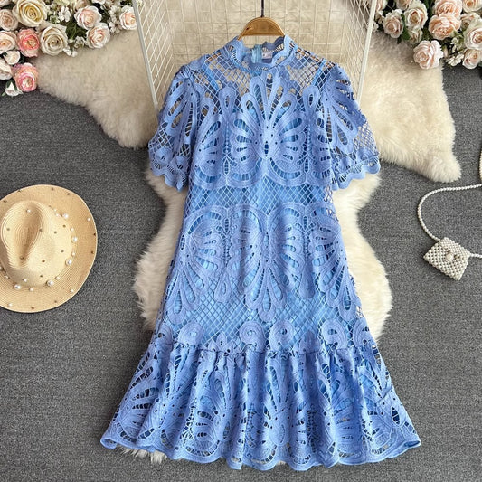 lantern sleeves A-line lace dress      S4175