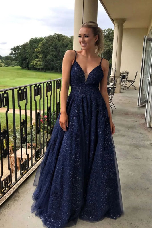 Navy Long Lace Prom Dresses, A-Line Formal Evening Dresses       S3753