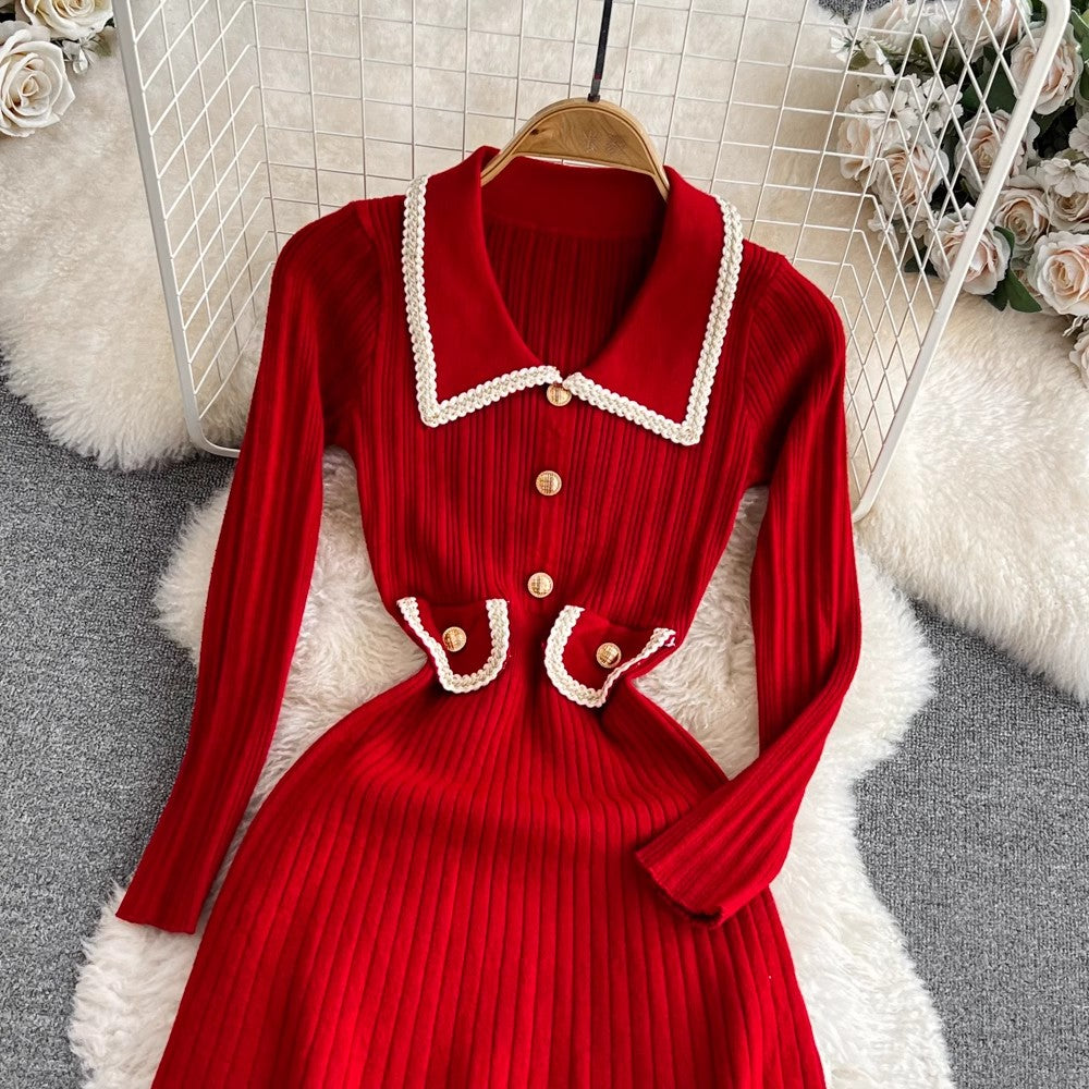 long-sleeved mid-length A-line knitted dress       S4236