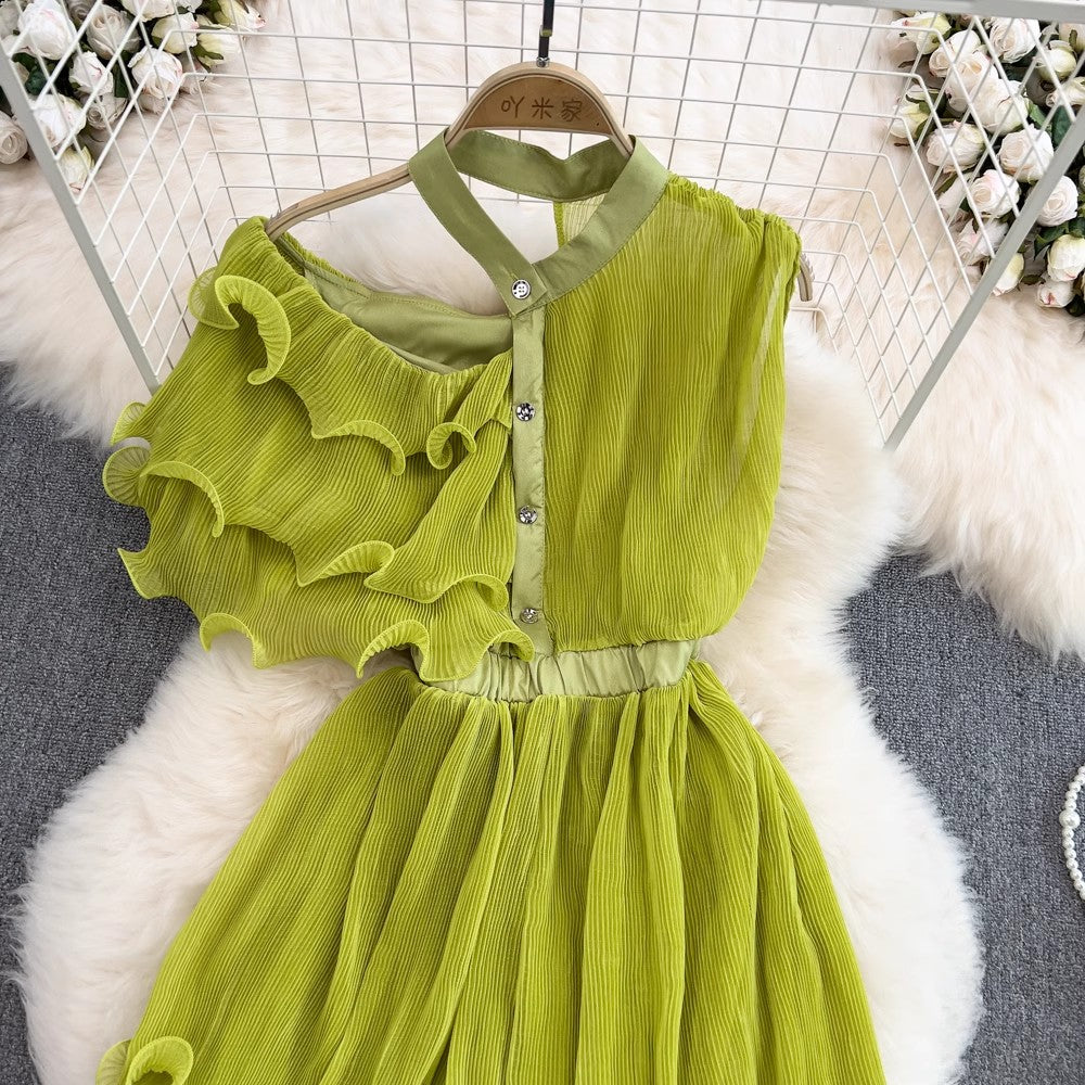 irregular mid-length skirt fashionable a-line pleated dress for women    S4425