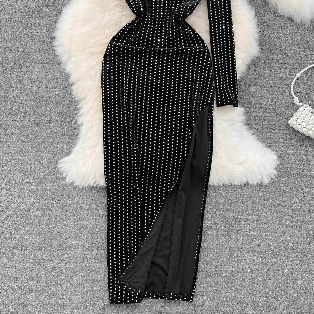 sexy off-shoulder velvet high slit hip-covering dress     S3918