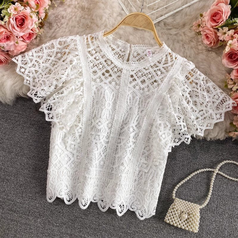 Solid Color Short Top Short Sleeve Round Neck Lace Shirt for Women    S3941