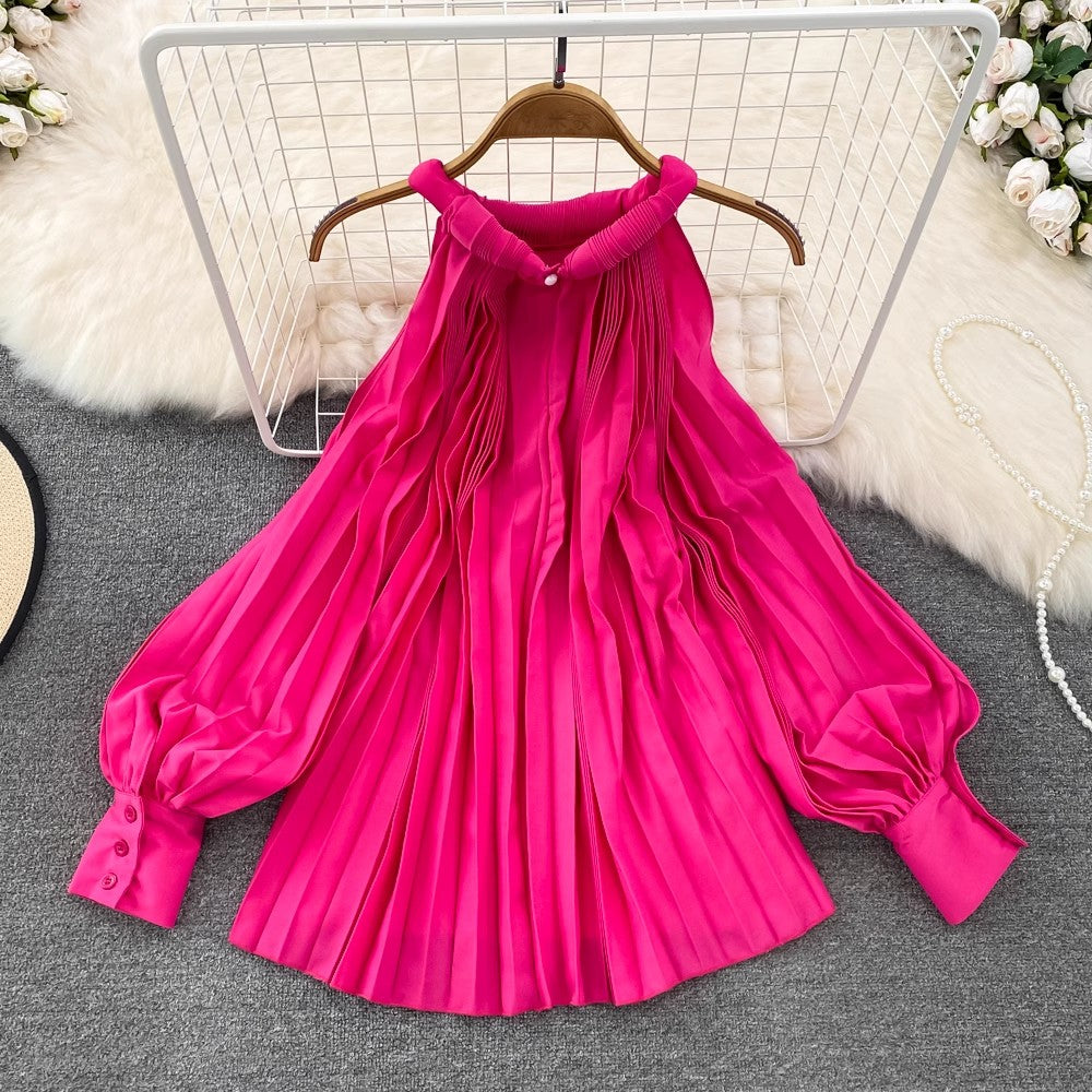 Round Neck Halter Neck Off-Shoulder Lantern Sleeve Pleated Shirt Women's Casual Top    S4125