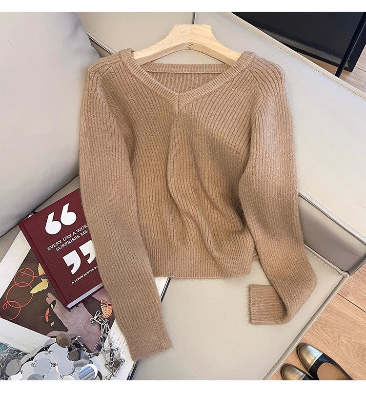 V-neck long-sleeved sweater for women solid color soft sweater    S4865