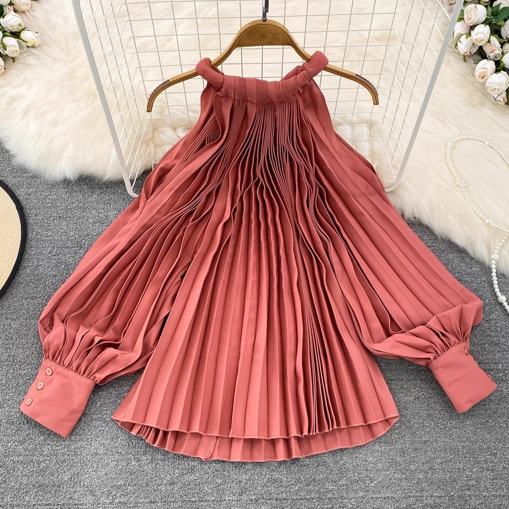 Round Neck Halter Neck Off-Shoulder Lantern Sleeve Pleated Shirt Women's Casual Top    S4125