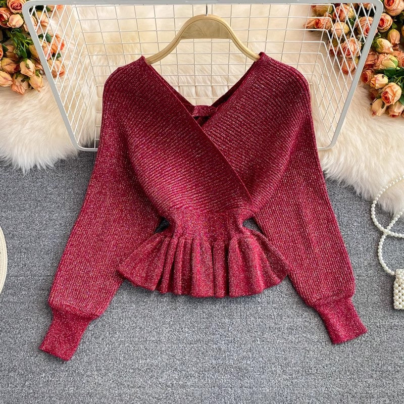 new ruffled short sweater women's V-neck pullover sweater top      S4246