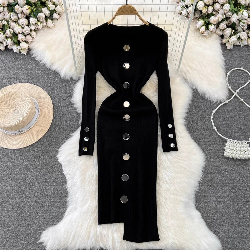 long-sleeved round neck mid-length irregular knitted dress      S4335