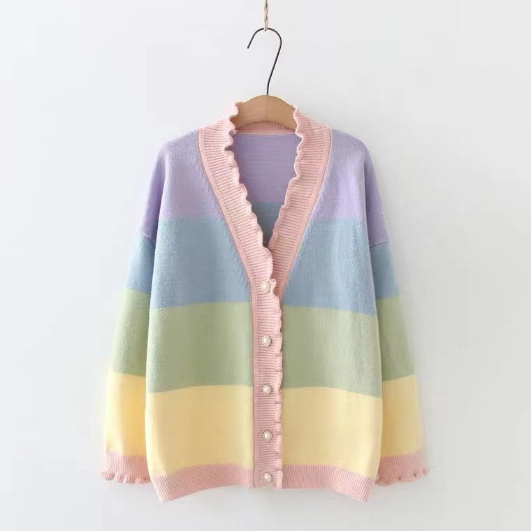 Rainbow, Stripe, Wavy Agaric Lace V-neck Sweater, Blazer Cardigan    S4364