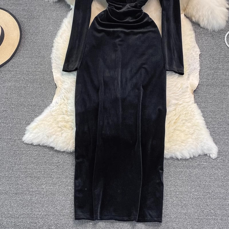 Fashionable sexy long-sleeved dress long skirt velvet V-neck dress    S3964