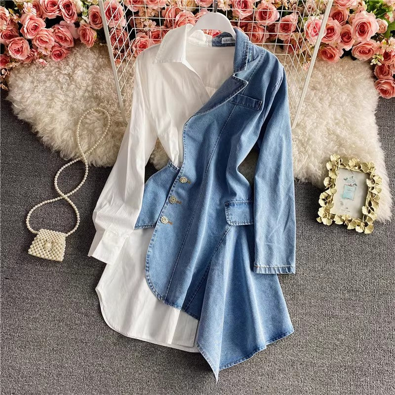 New Fashion Irregular Denim Long Sleeve Shirt Dress Polo Skirt     S4065