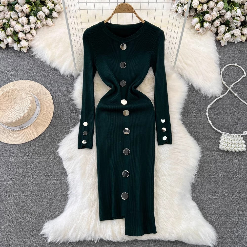 long-sleeved round neck mid-length irregular knitted dress      S4335