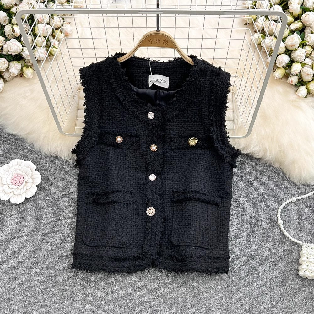 round neck vest jacket for women fashionable and chic short sleeveless top     S4128