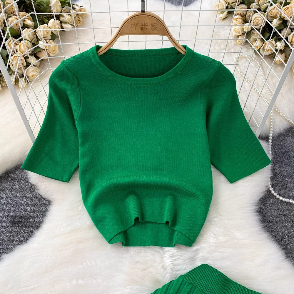 Fashion suit for women short-sleeved round neck knitted sweater top two-piece set mid-length skirt       S4184