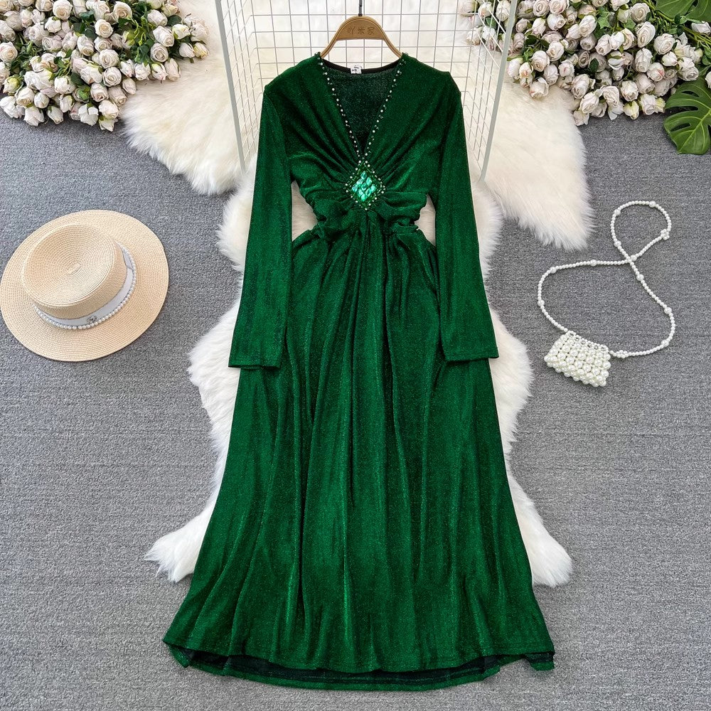 long-sleeved diamond-studded V-neck A-line dress elegant long skirt    S4089