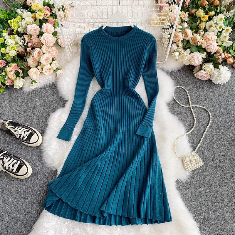 round neck knee-length knitted dress women's mid-length A-line sweater dress      S3942