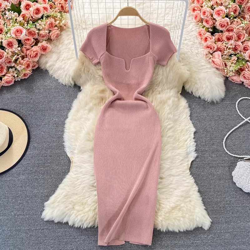 Tight square-neck knitted dress short-sleeved new style sexy long skirt       S4027